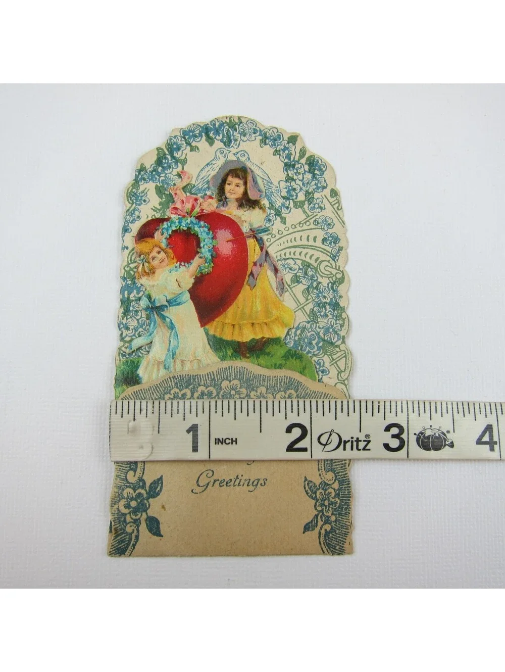 Vintage Valentine 3D Pop Up Die Cut Girls Red Heart Arrow Blue Flowers & Doves